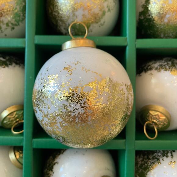 DOFT White & Gold Glass Christmas Ornaments 3in Set of 9 Holiday Glam New - Picture 3 of 16